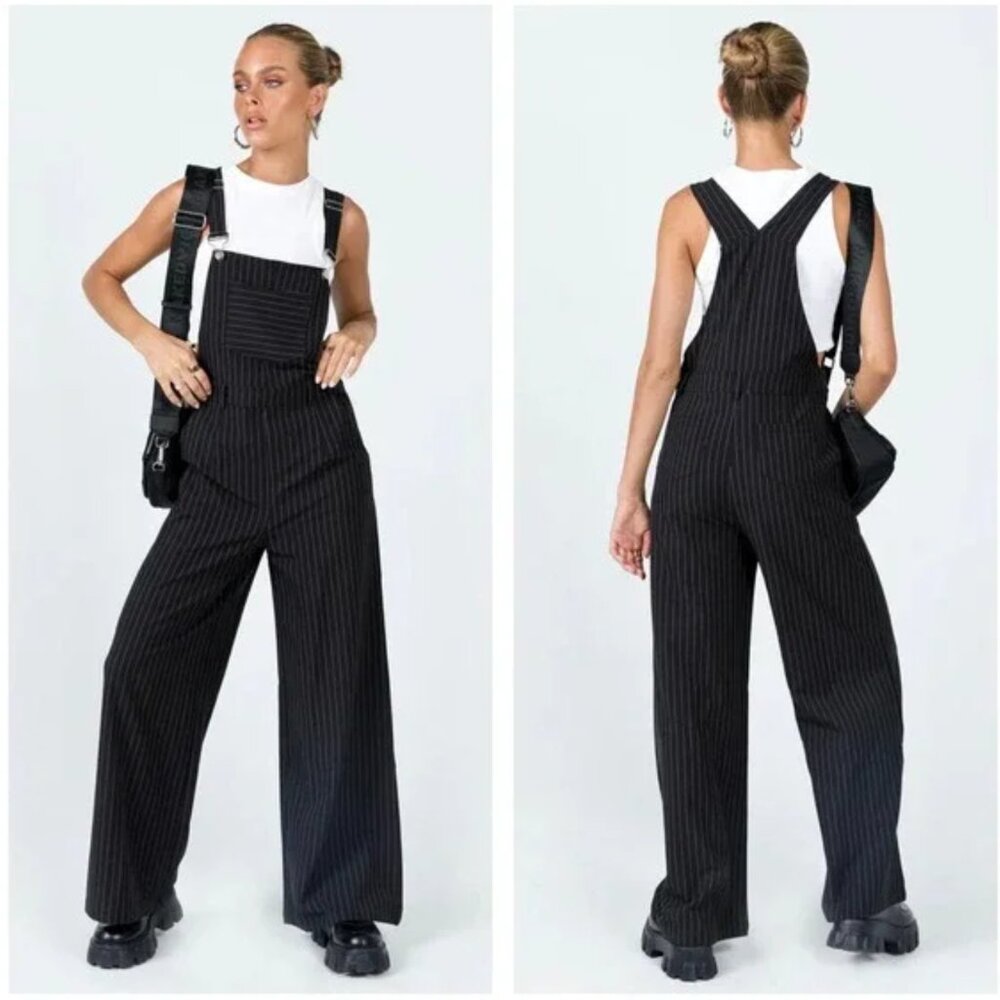Princess Polly Hayden Overalls Size 8 Black White Pinstripe Wide Leg